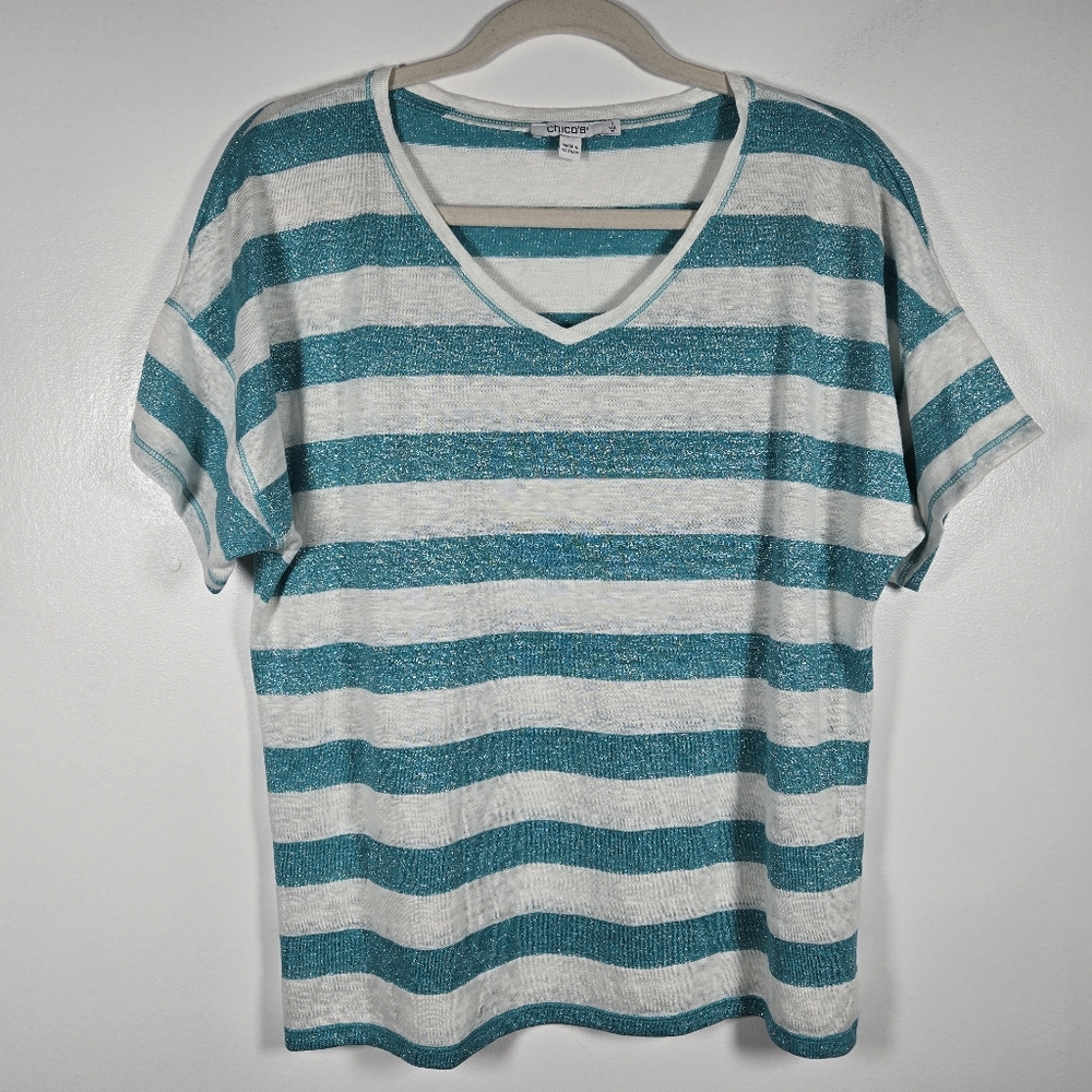 Chico's Linen Metallic Sparkle Turquoise Blue White Stripe Top Size Medium